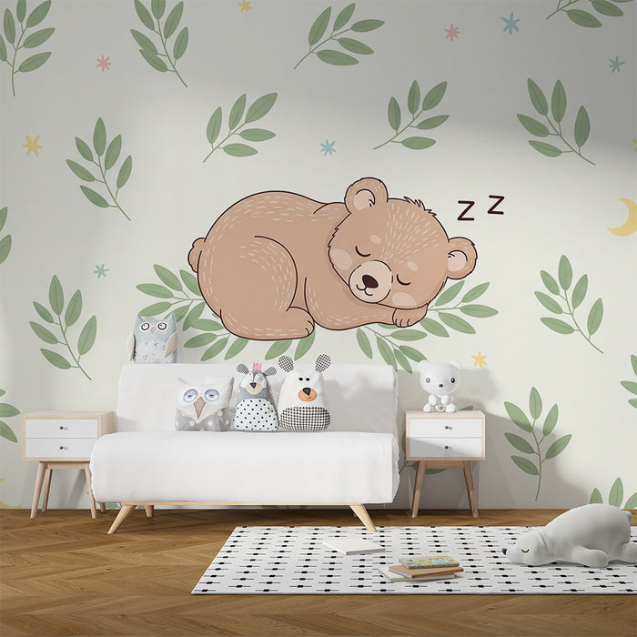 Papel pintado infantil | Osito dormido entre las delicadas hojas