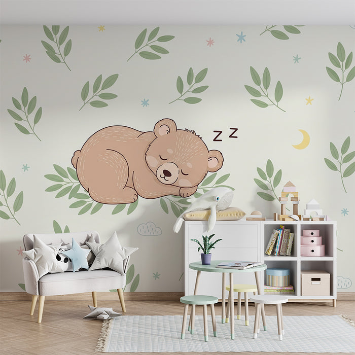 Papel pintado infantil | Osito dormido entre las delicadas hojas