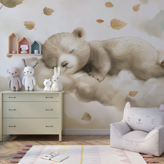 Babykamer behang | Slapende beer tussen de wolken