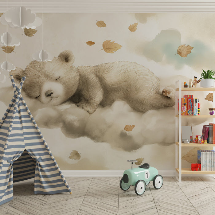 Babykamer behang | Slapende beer tussen de wolken
