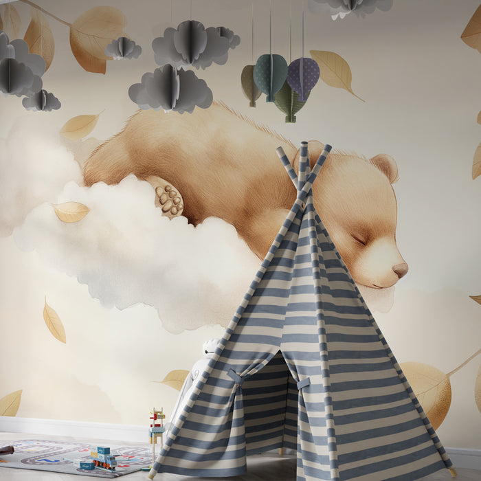 Papel de parede quarto bebê | Medvedek v sepia barvah na oblaku