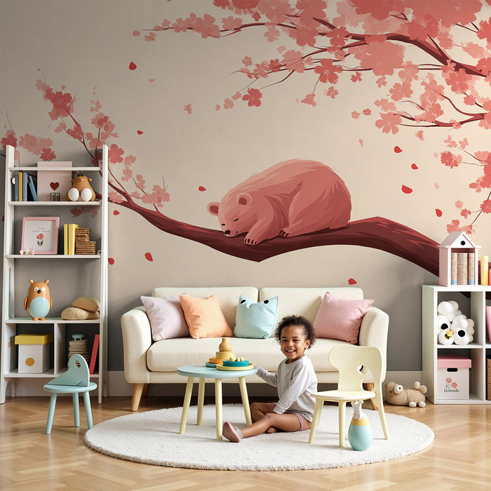 Børneværelse tapet | Sovende bjørn under blomstrende kirsebærtræer