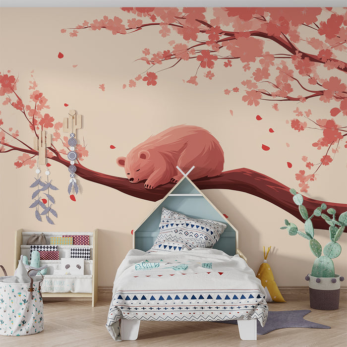 Børneværelse tapet | Sovende bjørn under blomstrende kirsebærtræer