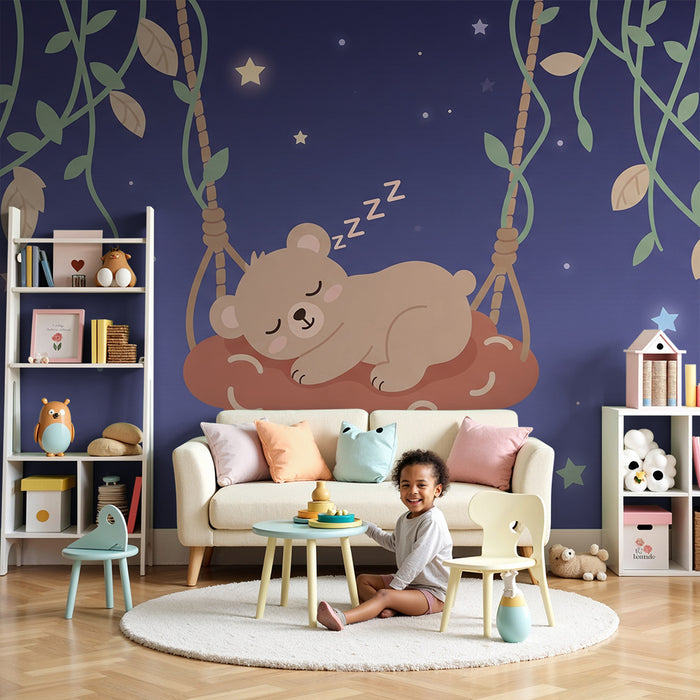 Papel pintado infantil | Osito durmiendo bajo las estrellas y fondo azul