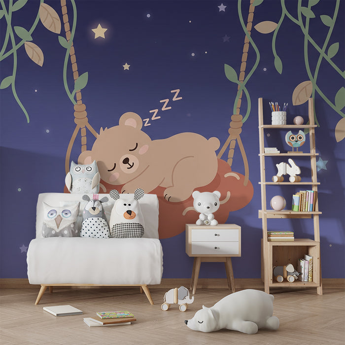 Papel pintado infantil | Osito durmiendo bajo las estrellas y fondo azul