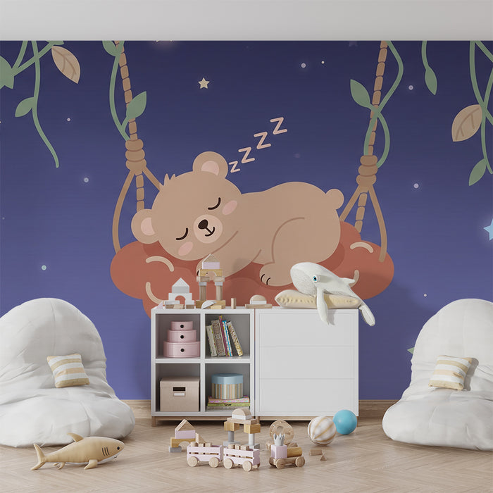 Papel pintado infantil | Osito durmiendo bajo las estrellas y fondo azul