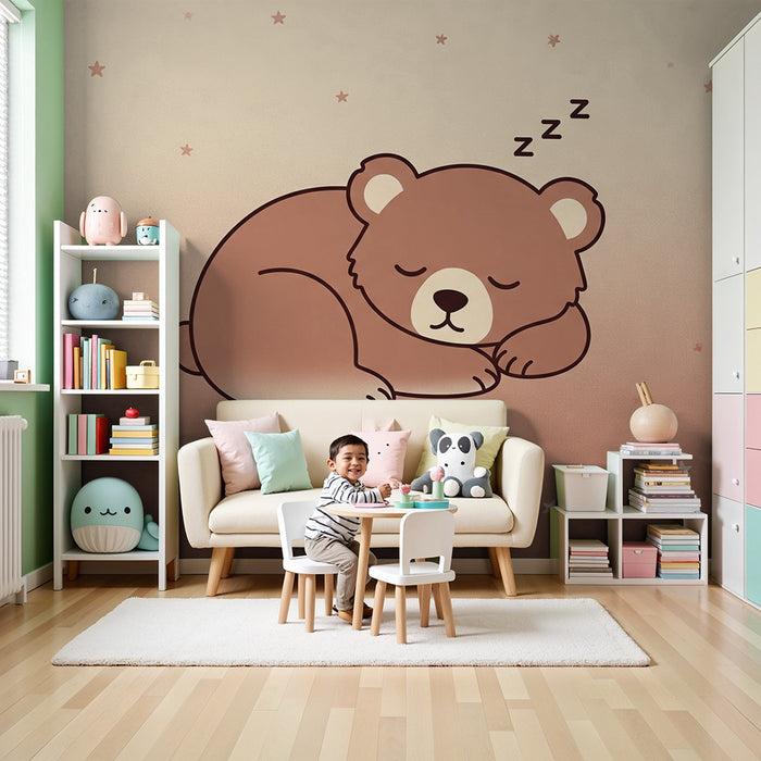 Babyzimmer Tapete | Schlafender Bär unter einem Sternenhimmel