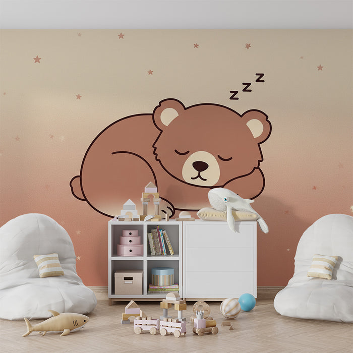 Babyzimmer Tapete | Schlafender Bär unter einem Sternenhimmel
