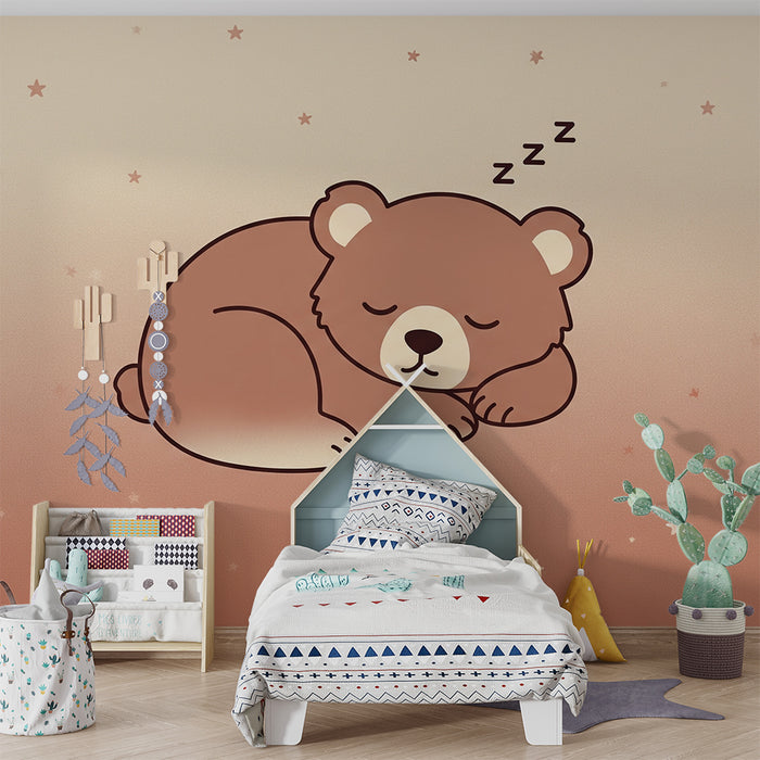 Babyzimmer Tapete | Schlafender Bär unter einem Sternenhimmel