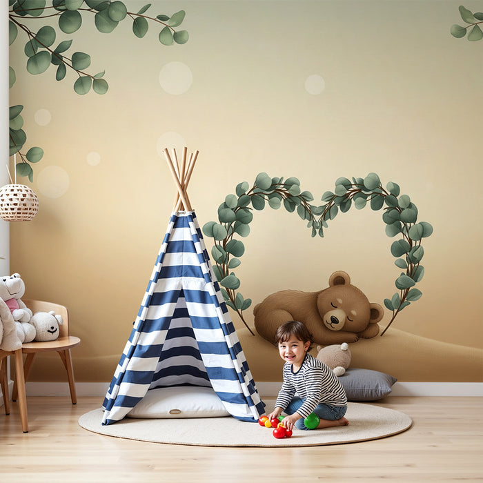 Børneværelse tapet | Sovende bjørn under et hjerte af blade