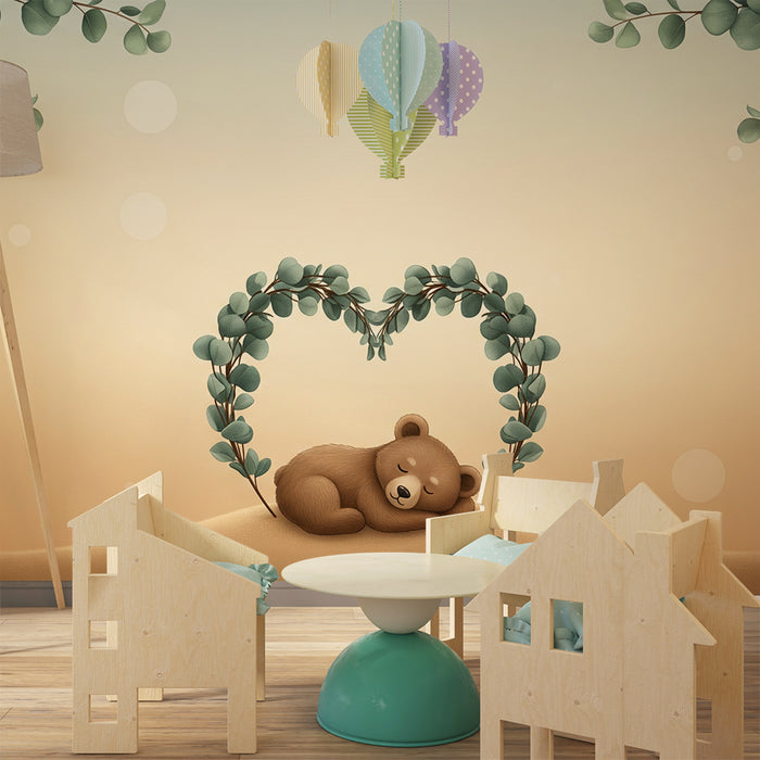 Børneværelse tapet | Sovende bjørn under et hjerte af blade
