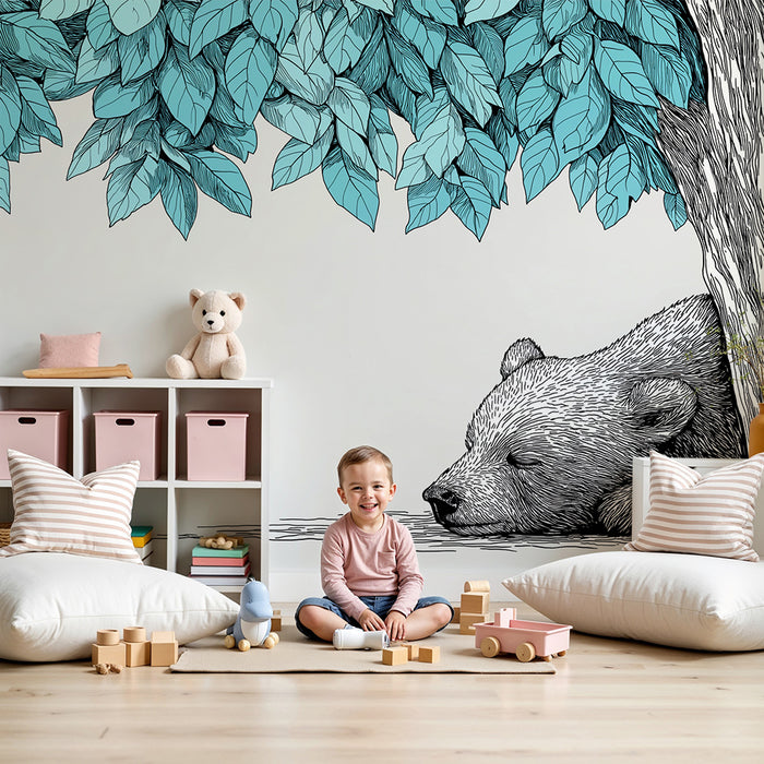 Babykamer behang | Slaperige beer onder rustgevend bladerdak