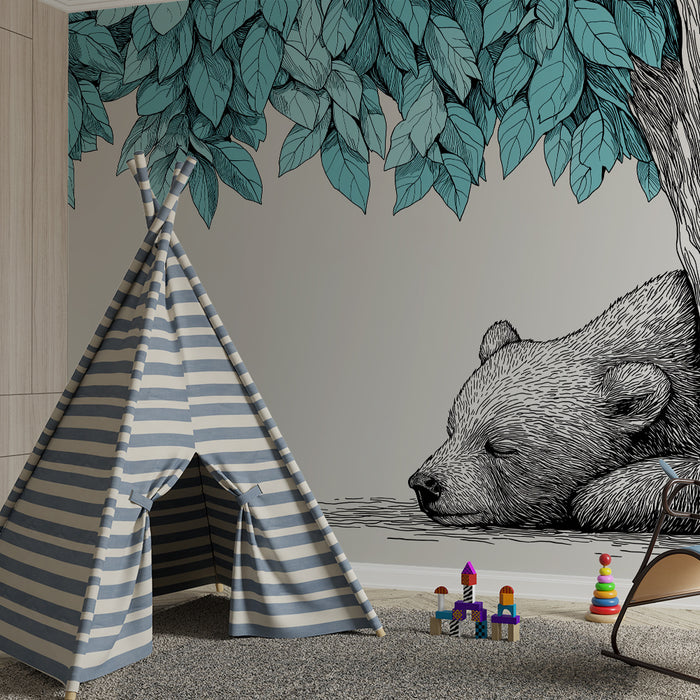 Lastenhuoneen tapetti | Nukkuva karhu rauhoittavan lehtikaton alla