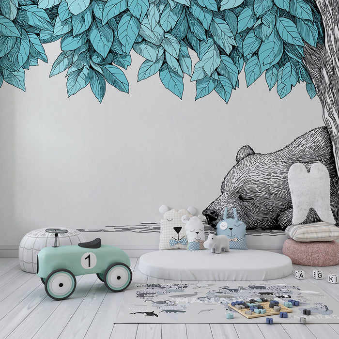 Lastenhuoneen tapetti | Nukkuva karhu rauhoittavan lehtikaton alla