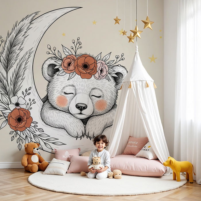 Lastenhuoneen tapetti | Nukkuva karhu kuun sirpaleella