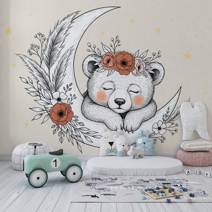 Lastenhuoneen tapetti | Nukkuva karhu kuun sirpaleella