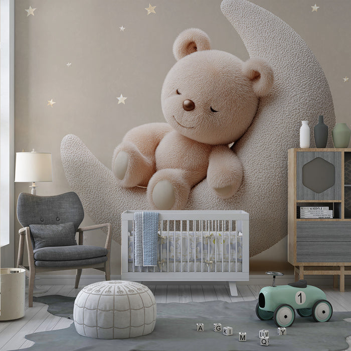 Papier peint chambre bébé | Ourson endormi sur un croissant de lune avec étoiles dorées