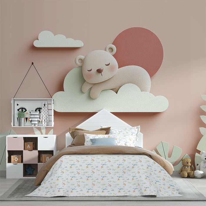 Børneværelse tapet | Søvnig bjørn på en sky med delikate blade