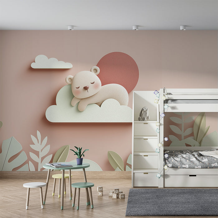 Børneværelse tapet | Søvnig bjørn på en sky med delikate blade