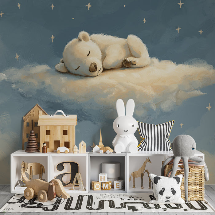 Papel de parede quarto bebê | Ursinho dormindo em uma nuvem estrelada