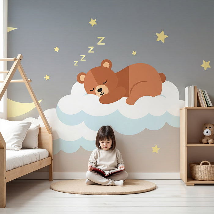 Babykamer behang | Slapende beer op een wolk onder de maan