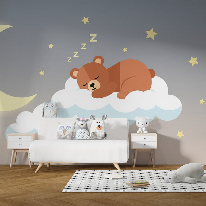 Babykamer behang | Slapende beer op een wolk onder de maan