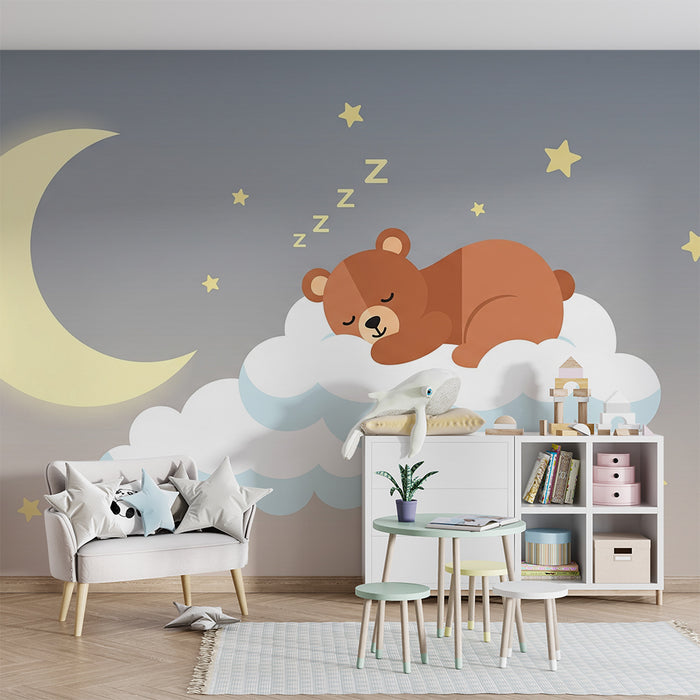 Babykamer behang | Slapende beer op een wolk onder de maan