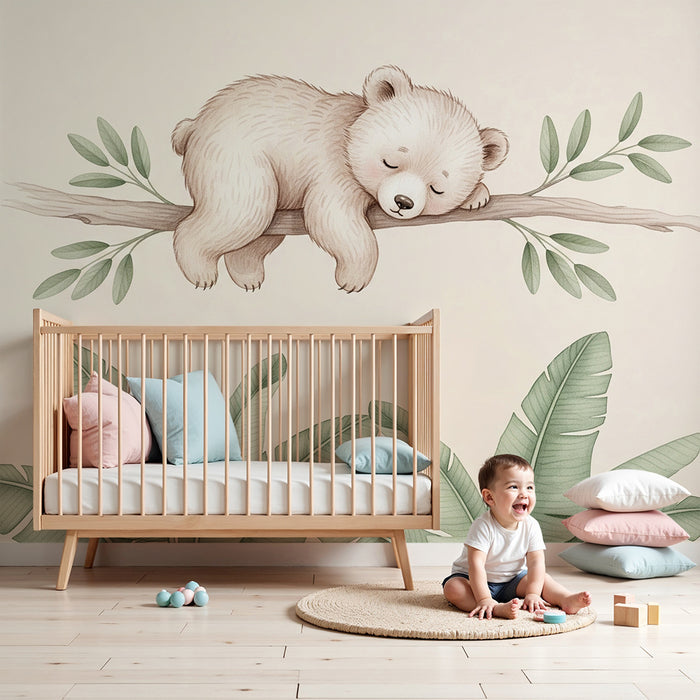 Carta da parati bambini | Orso addormentato su un ramo