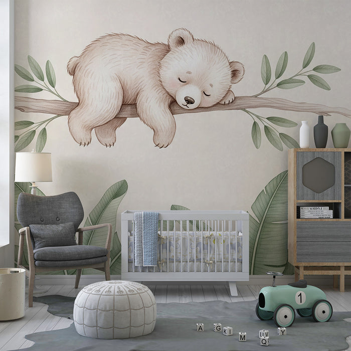 Carta da parati bambini | Orso addormentato su un ramo