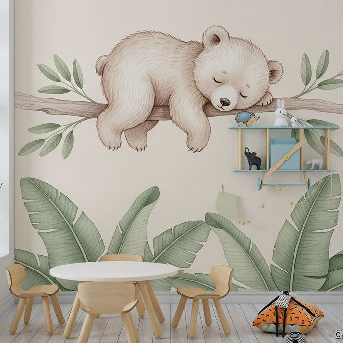 Carta da parati bambini | Orso addormentato su un ramo