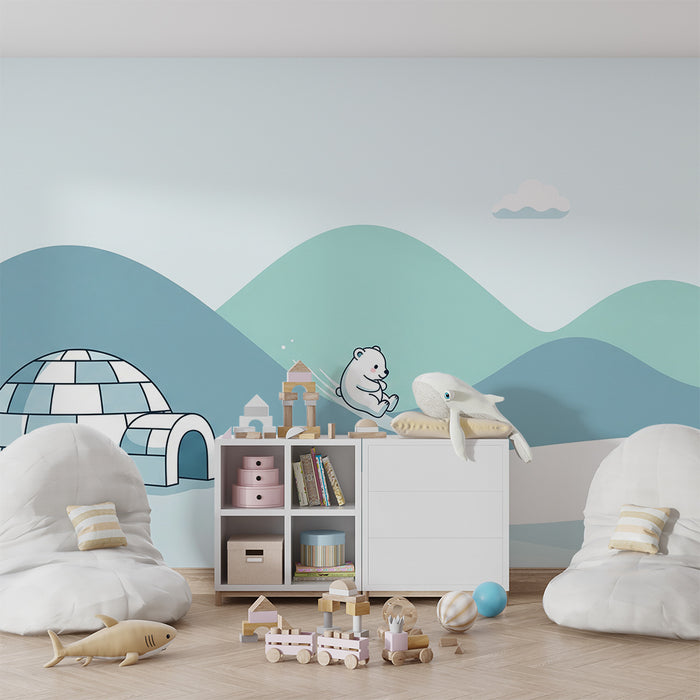 Papier peint chambre bébé | Ourson espiègle sur des collines enneigées