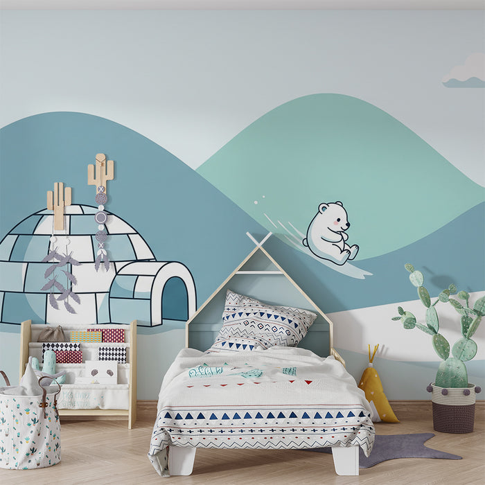 Papier peint chambre bébé | Ourson espiègle sur des collines enneigées