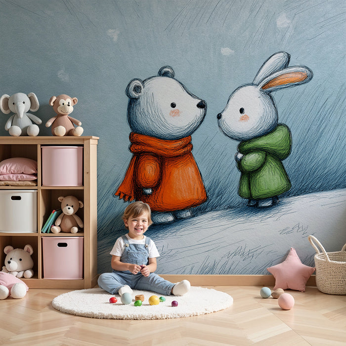 Lastenhuoneen tapetti | Karhu ja pupu talvella lumessa