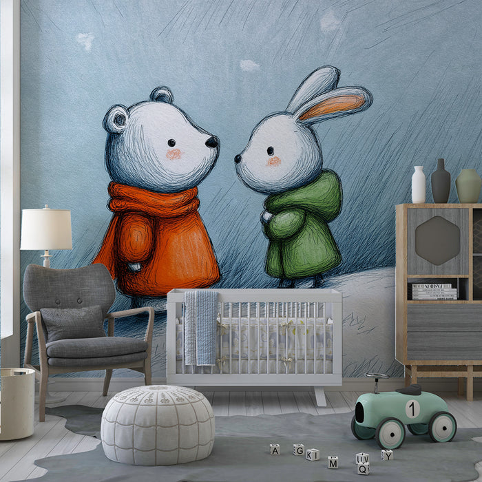 Lastenhuoneen tapetti | Karhu ja pupu talvella lumessa