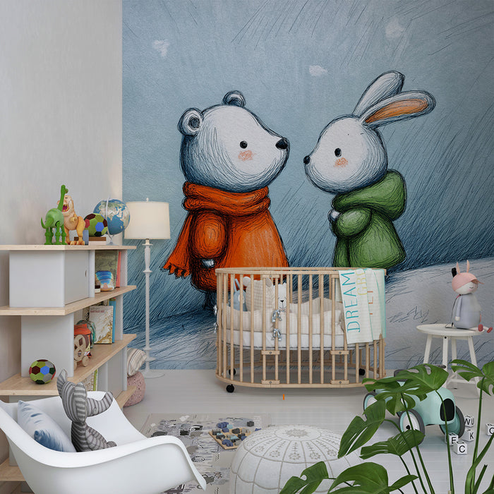 Lastenhuoneen tapetti | Karhu ja pupu talvella lumessa