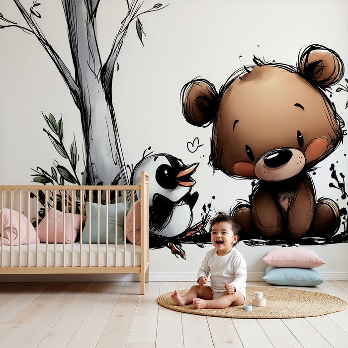 Babyzimmer Tapete | Bär und Vogel im Wald