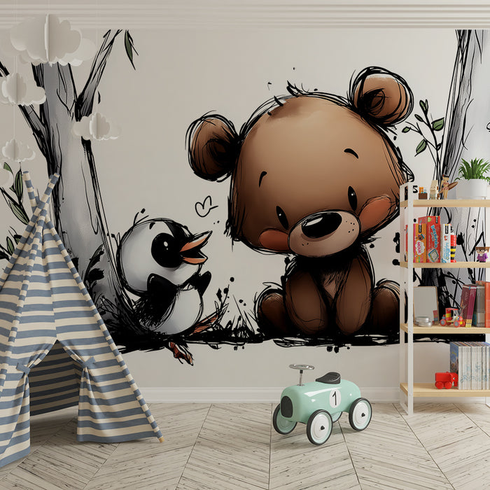 Babyzimmer Tapete | Bär und Vogel im Wald