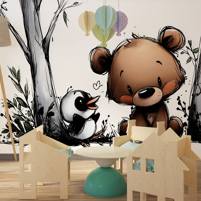 Babyzimmer Tapete | Bär und Vogel im Wald