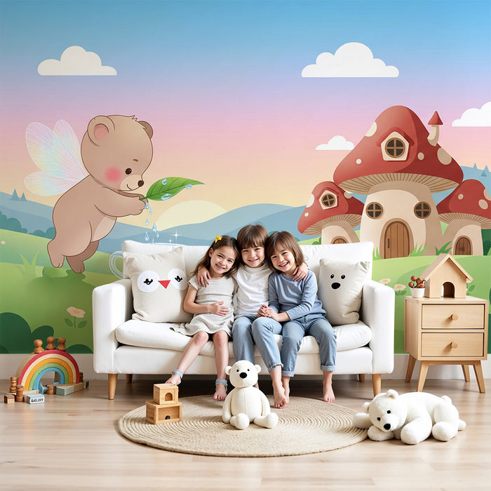 Babykamer behang | Feeërige beer die een kopje water geeft onder een pastelkleurige hemel
