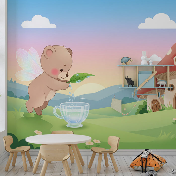 Babykamer behang | Feeërige beer die een kopje water geeft onder een pastelkleurige hemel