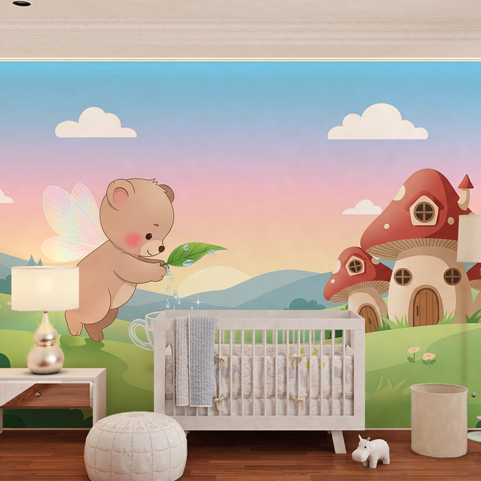 Babykamer behang | Feeërige beer die een kopje water geeft onder een pastelkleurige hemel