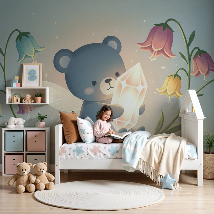 Babykamer behang | Betoverende beer met kristal en kleurrijke bloemen