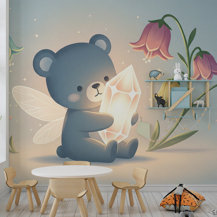 Babykamer behang | Betoverende beer met kristal en kleurrijke bloemen