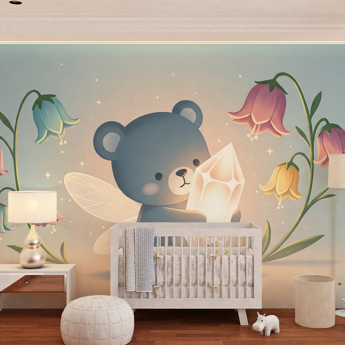 Babykamer behang | Betoverende beer met kristal en kleurrijke bloemen