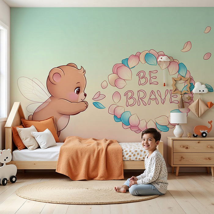 Papier peint chambre bébé | Ourson féerique avec message inspirant 'Be Brave'