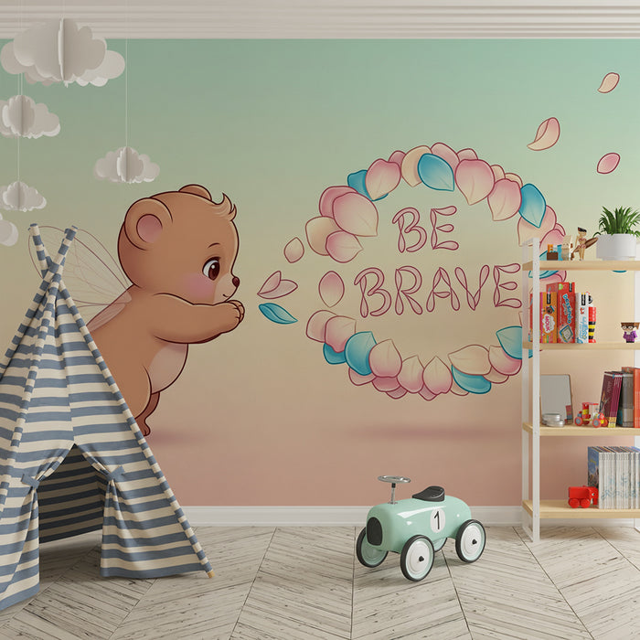 Papier peint chambre bébé | Ourson féerique avec message inspirant 'Be Brave'