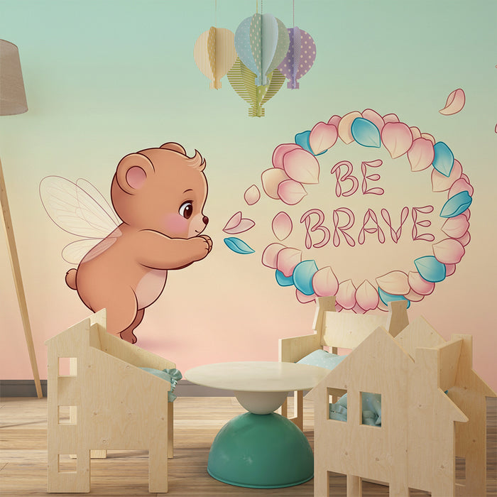 Papier peint chambre bébé | Ourson féerique avec message inspirant 'Be Brave'