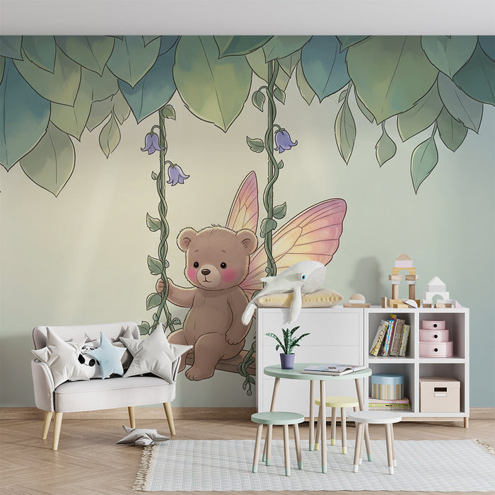 Tapet za detska staia | Фееричен мечо на люлка, заобиколен от листа
