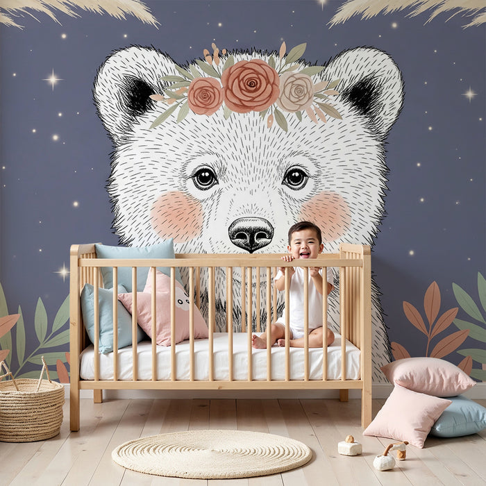 Lastenhuoneen tapetti | Kukka- ja tähtikuvioitu karhu