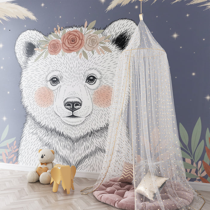 Lastenhuoneen tapetti | Kukka- ja tähtikuvioitu karhu
